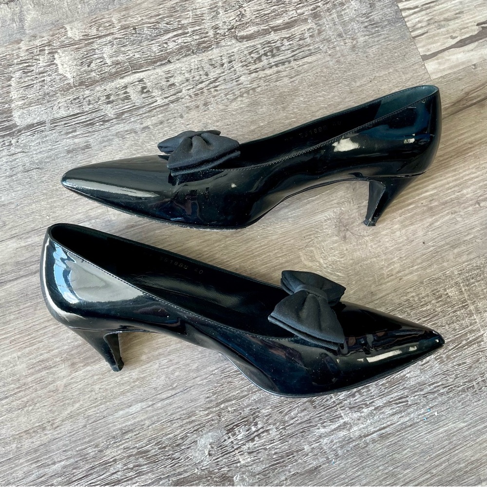 Yves Saint Laurent YSL Black Italian Patent Leather Bow Kitten Heel Size 40 - Picture 10 of 14